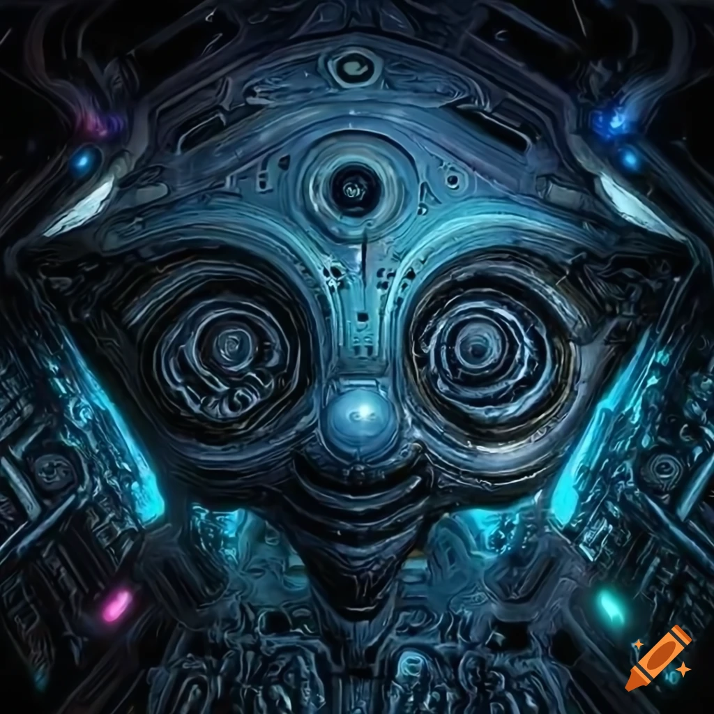 Surrealist aliens inside an organic spaceship with strange machines and light boards