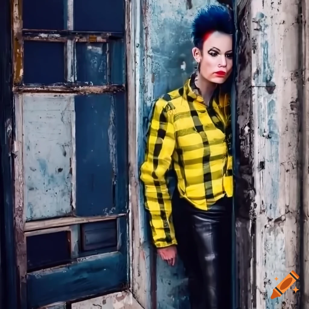 English punk-rocker woman with mohawk hairstyle in yellow plaid shirt and black leather trousers peeking through doorway