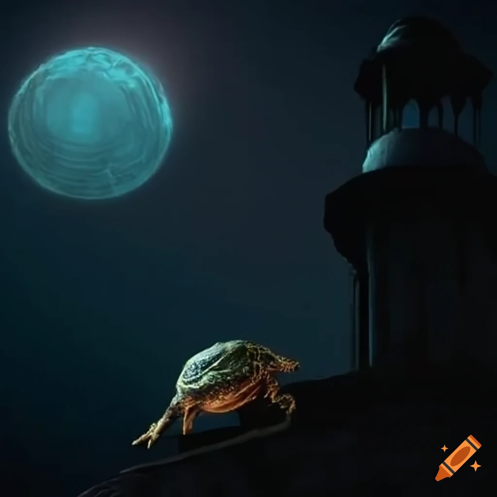 Giant turtle on tower at night
