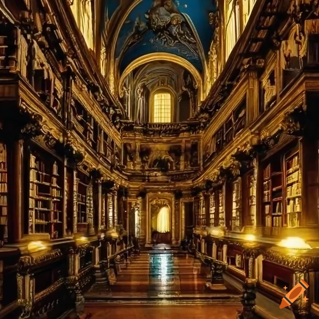 Knights in an ancient library with gold accents and cloudy interior
