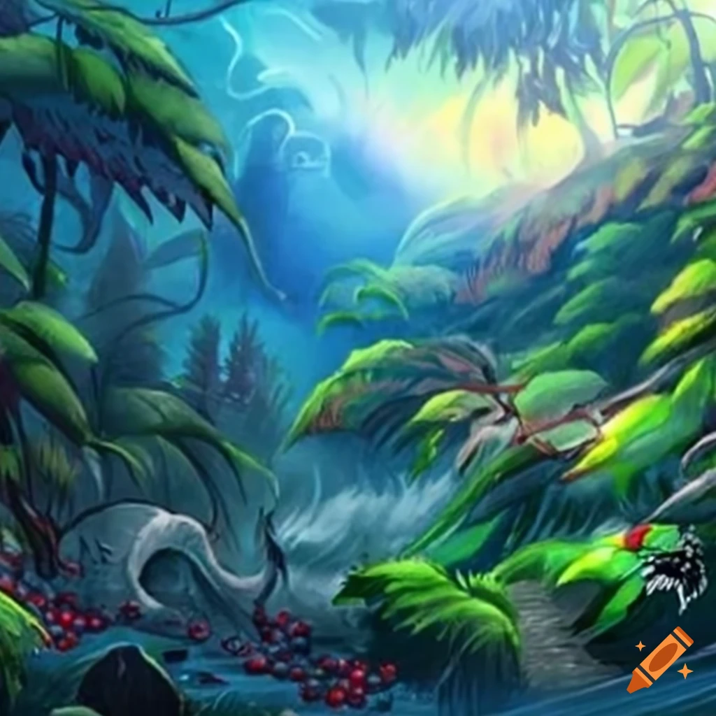 Wide angle panorama of a demonic paradise inhabited by fantasy creatures and hybrids in a lush jungle