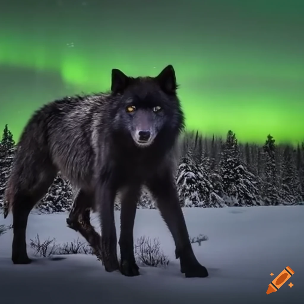 Friendly black wolf under the mesmerizing northern lights