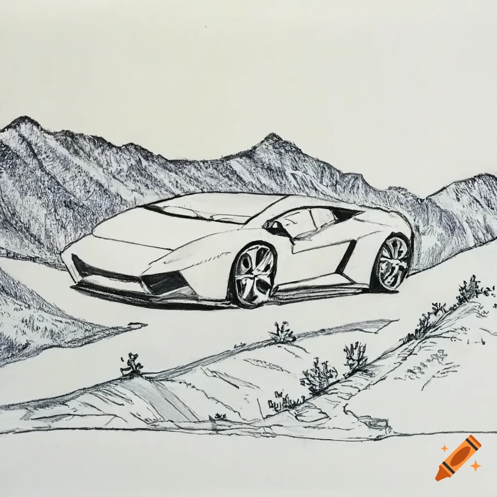 Hand drawing of a Lamborghini on a mountain