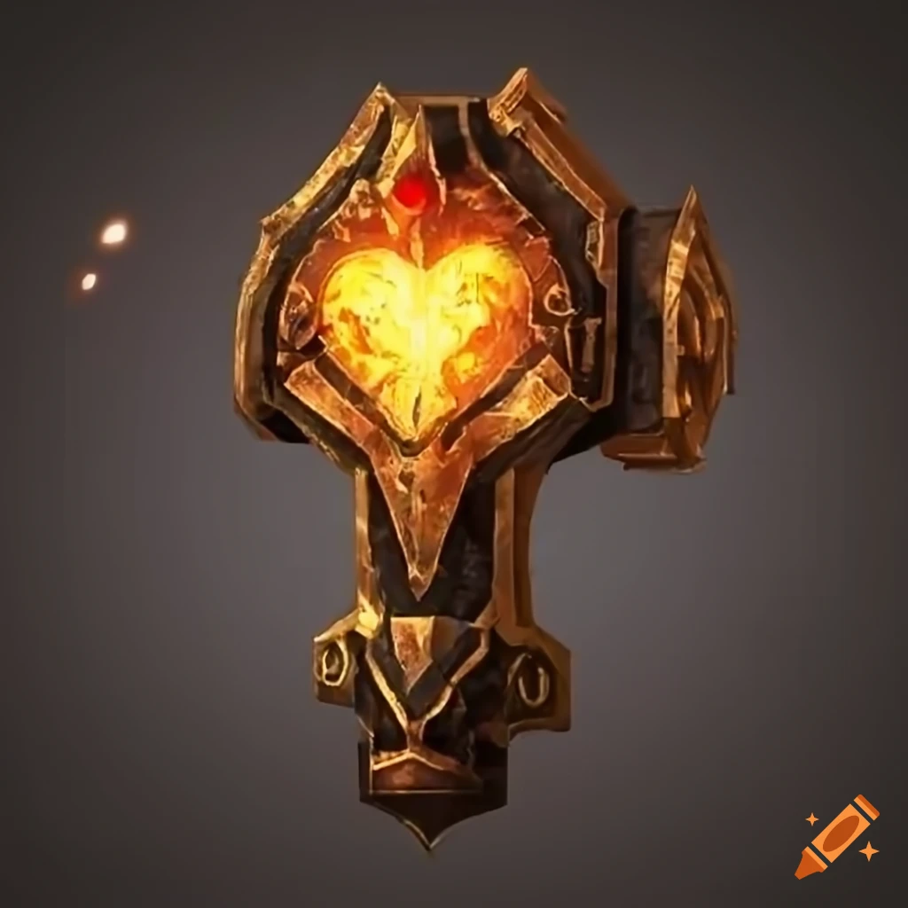 Powerful battle-worn hammer emitting divine heat and energy in bronze and brass