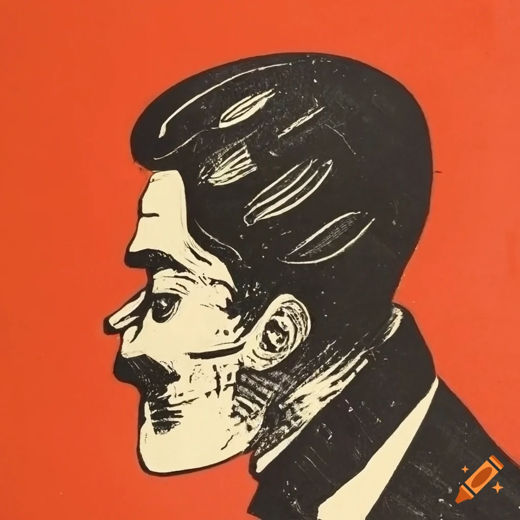 Lino print of men surrounded by mysterious objects in a surreal Max Beckmann style