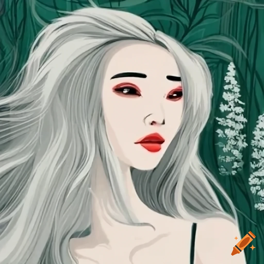 Enraptured Asian woman with white swans, herbs, and pine trees in ukiyo-e style