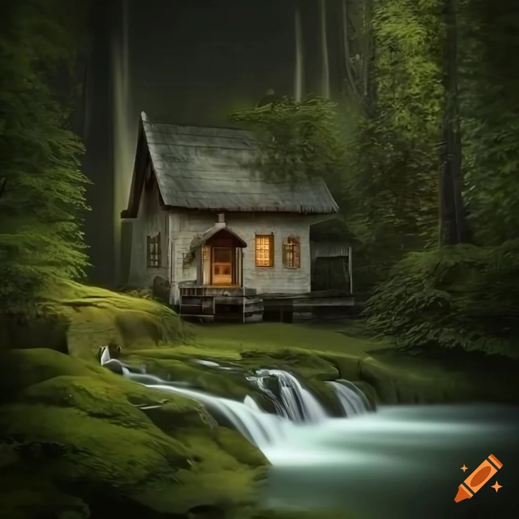 Cottage by a waterfall surrounded by giant trees in a realistic style