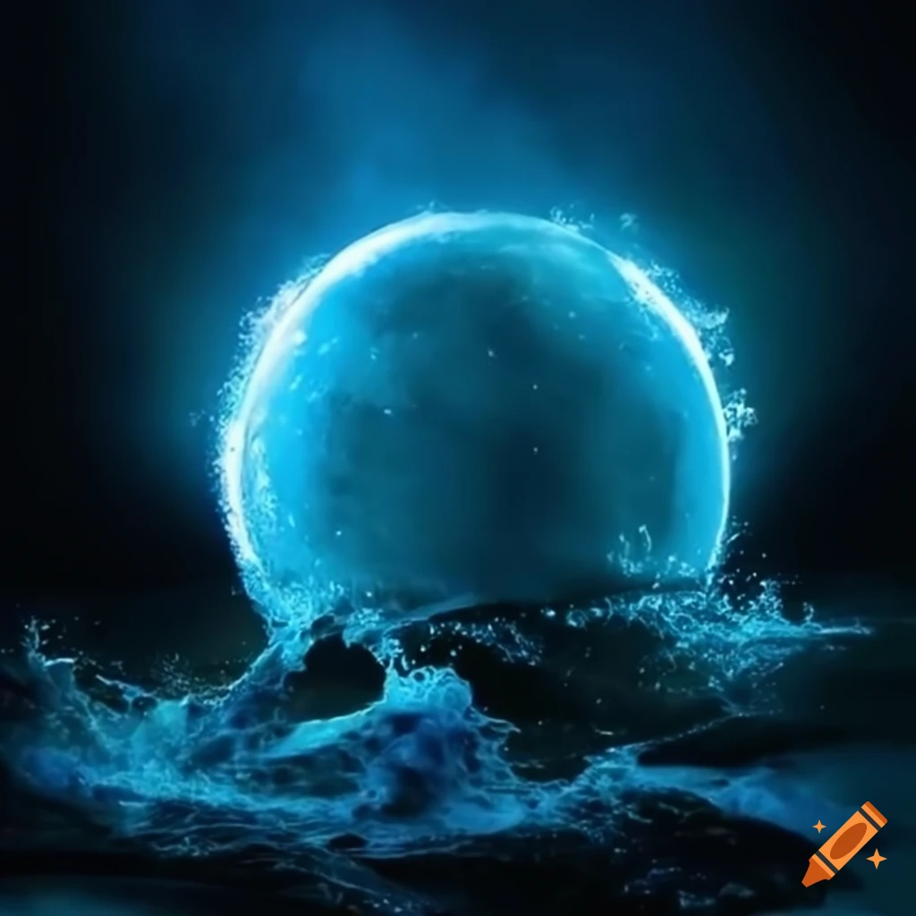 Glowing moon globe crashing into stormy ocean waves from shore
