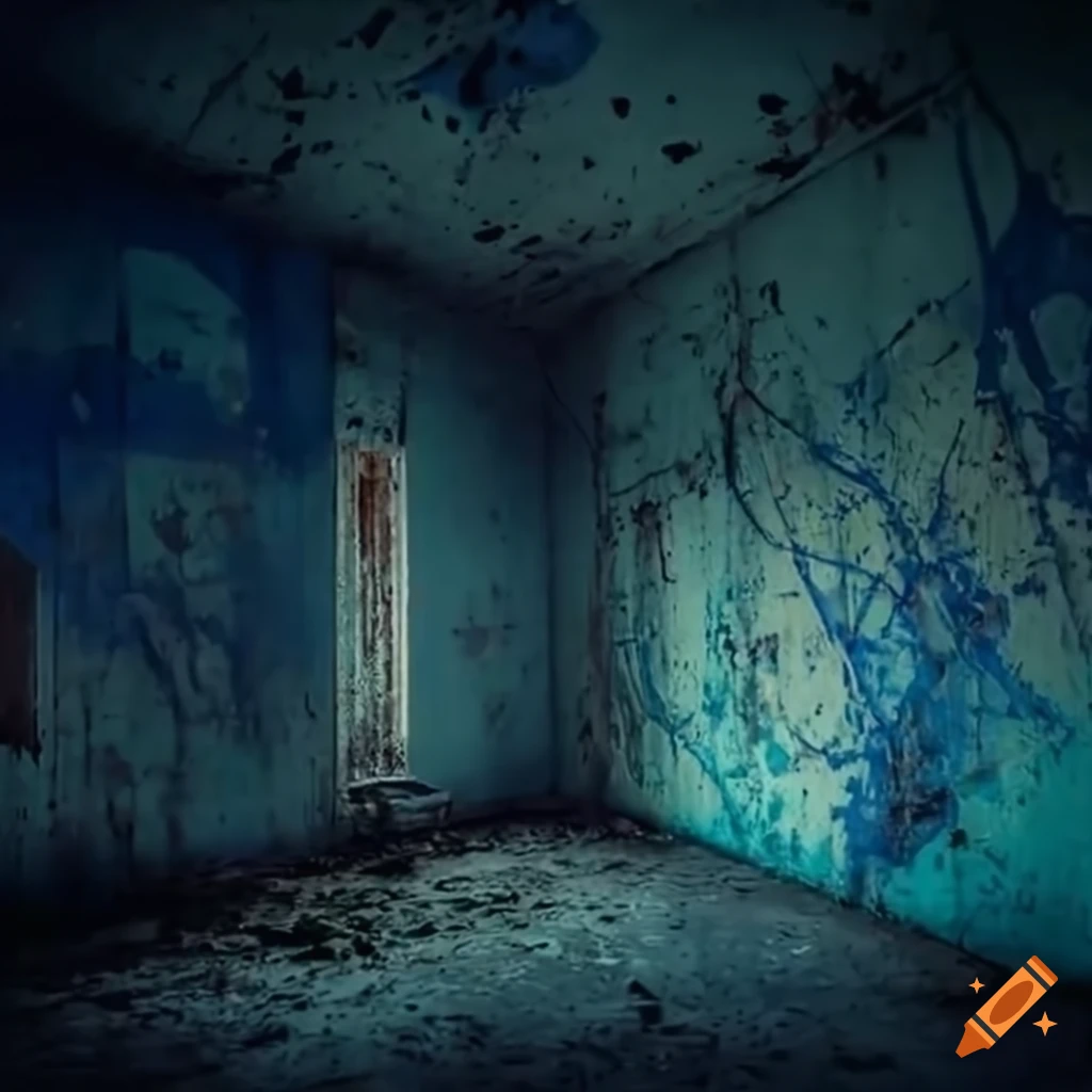 Empty cement room in an abandoned building with blue liquid splatter