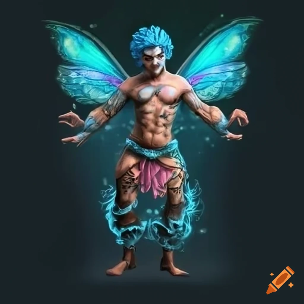 Muscular male fairy with glowing tattoos standing on a flower