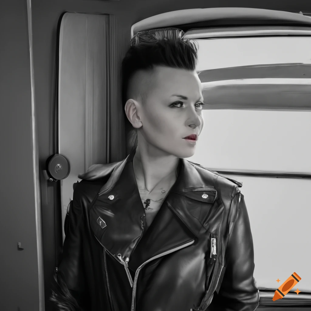 English punk-rocker woman with mohawk hairstyle in black leather outfit ...