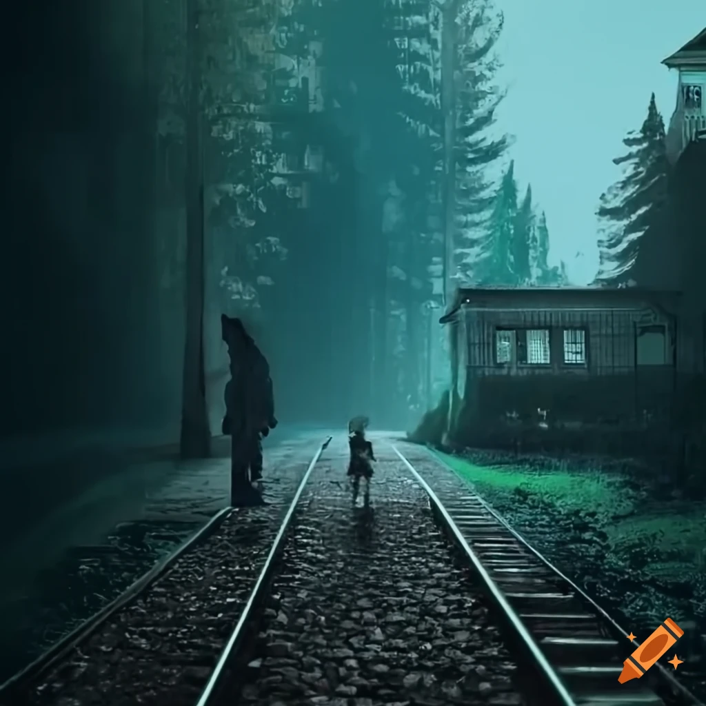 Tracks ending at a house with no return path in hyperrealistic cinematic style
