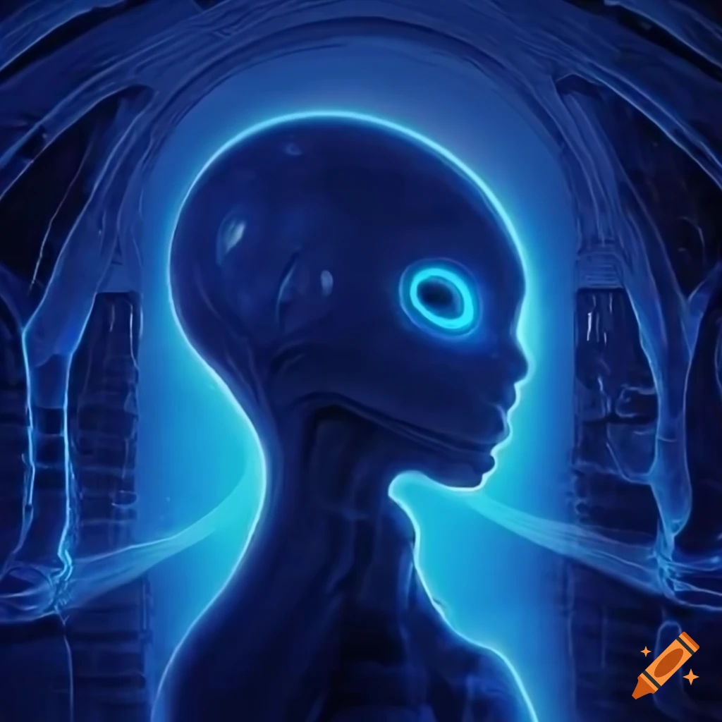 70s sci-fi organic machine art by Akira Toryiama with alien x-ray in glowing blue