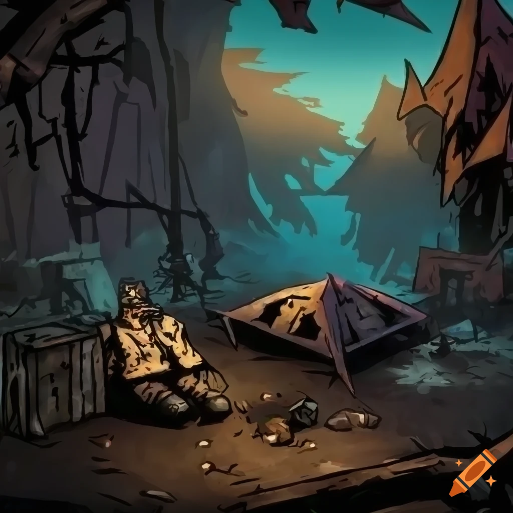 Highly detailed camping rest in Darkest Dungeon style with blue and black background