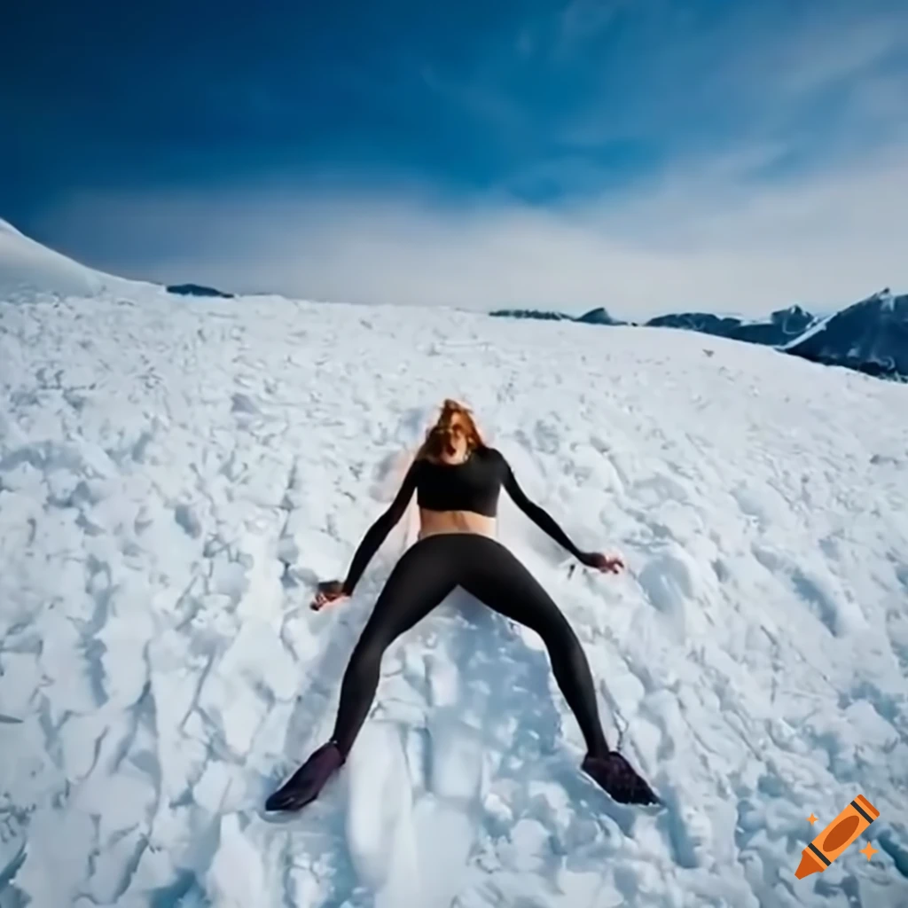 Woman sliding down steep icy hill in leggings
