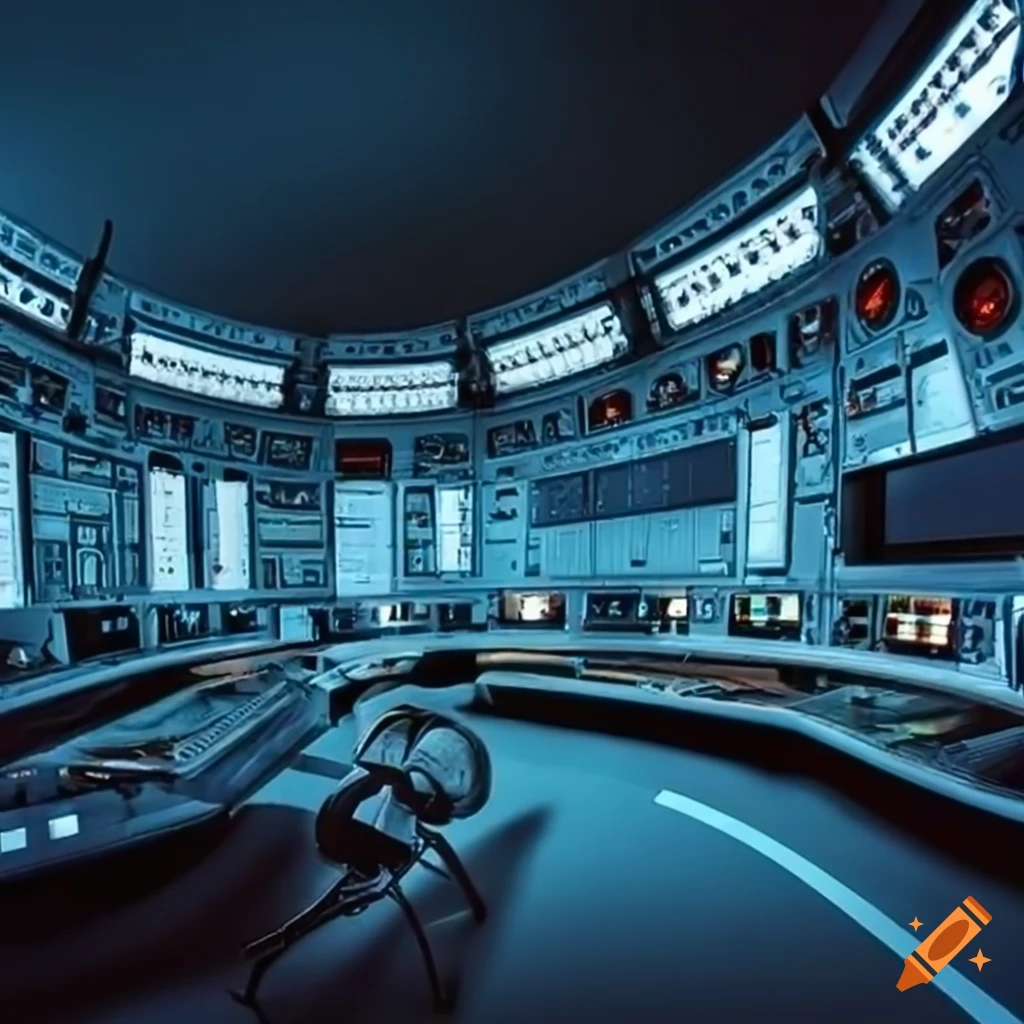 Bright realistic interior of a central control room