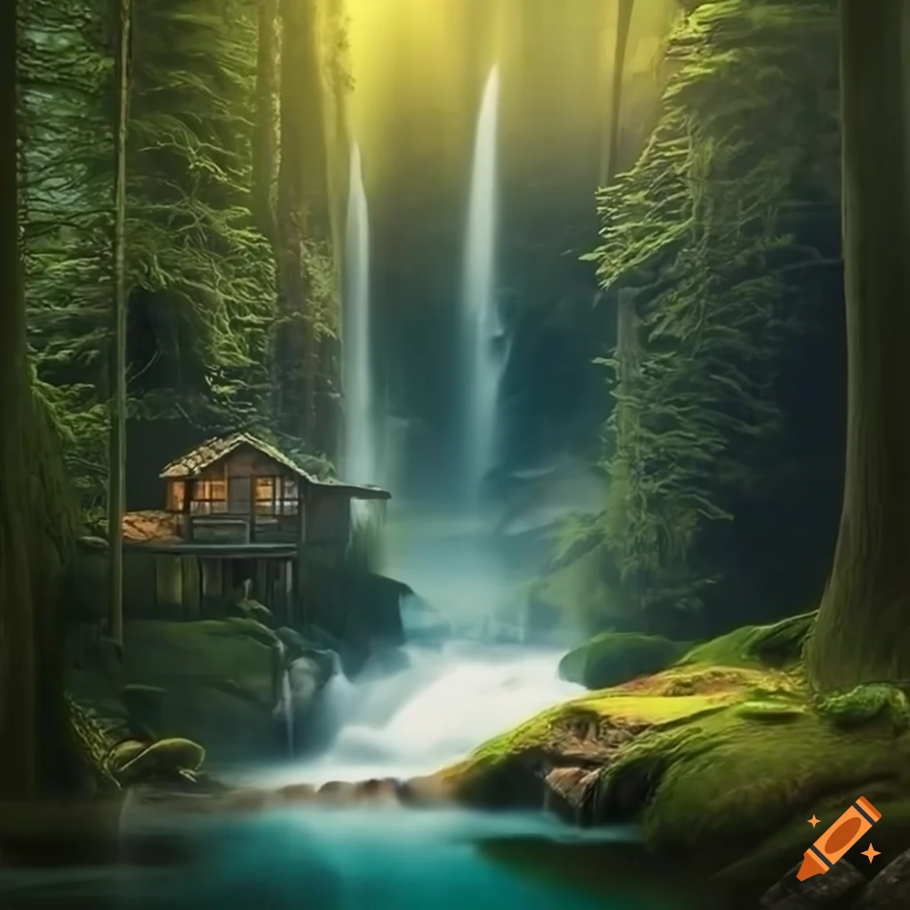 Cottage by a waterfall surrounded by giant trees in a realistic style