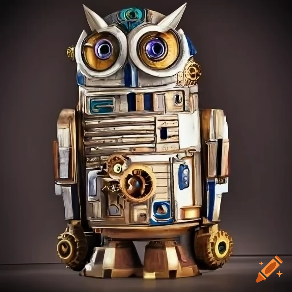 Wise owl with steampunk mechanical modifications, reminiscent of R2-D2