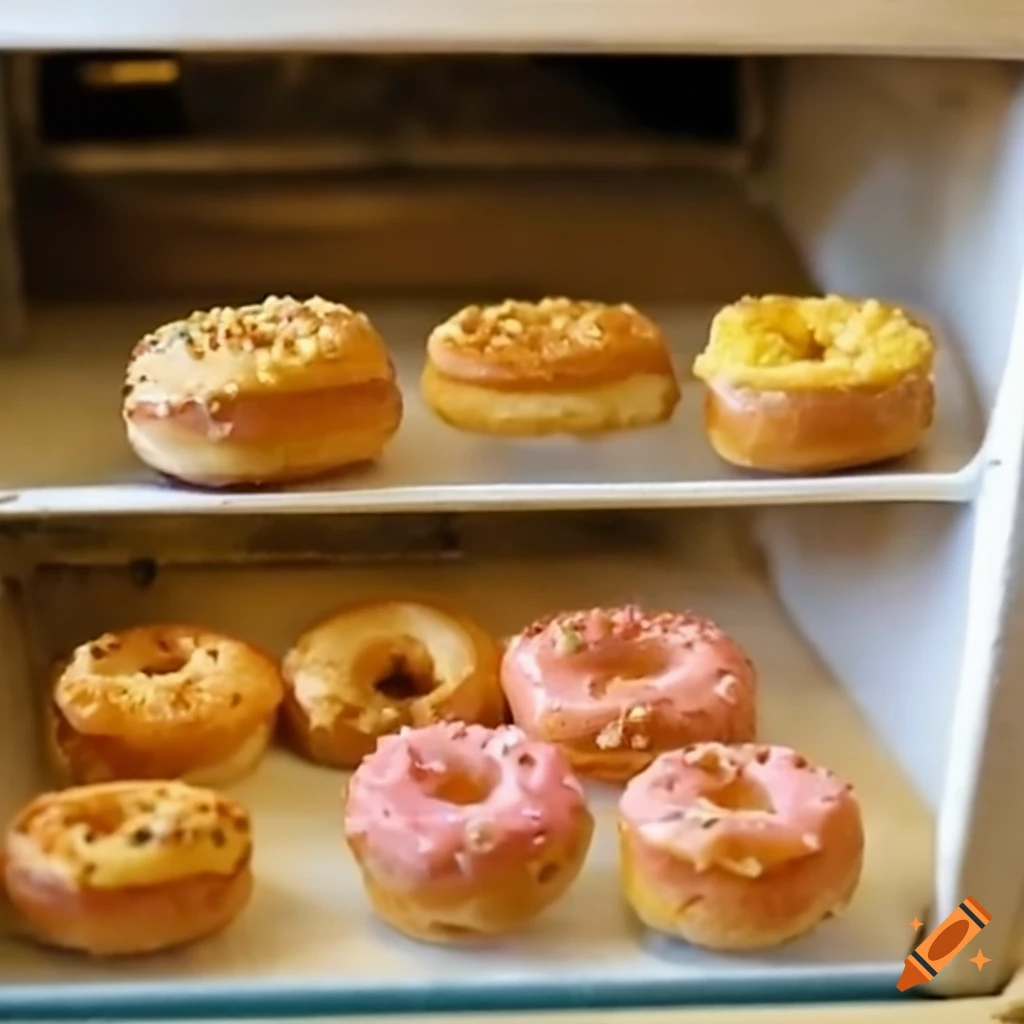 Miniature diorama of donuts in an oven