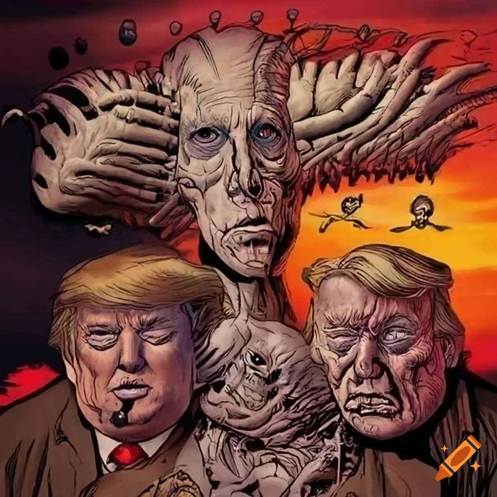 Surreal depiction of a bizarre scene with bloated figure, intestines, and creatures in comic book art style