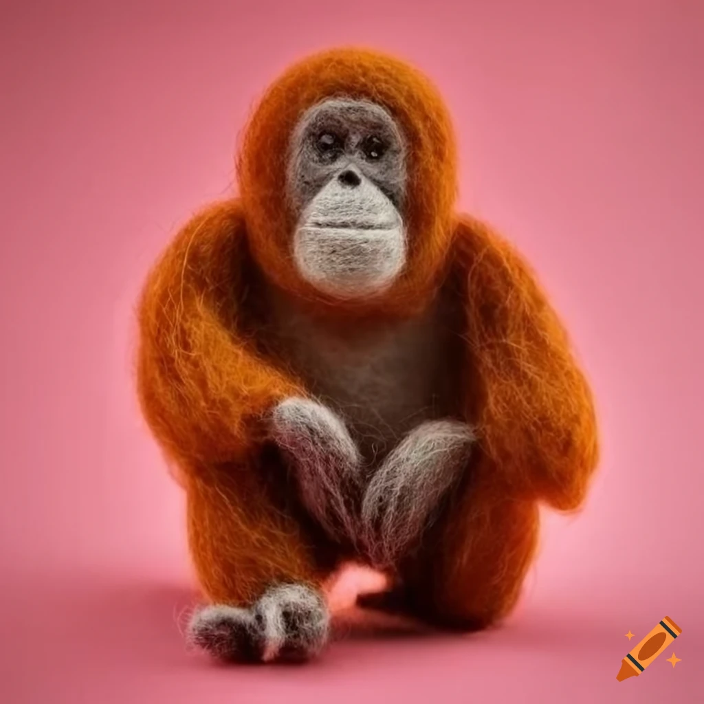 Felted wool orangutan wearing an outfit