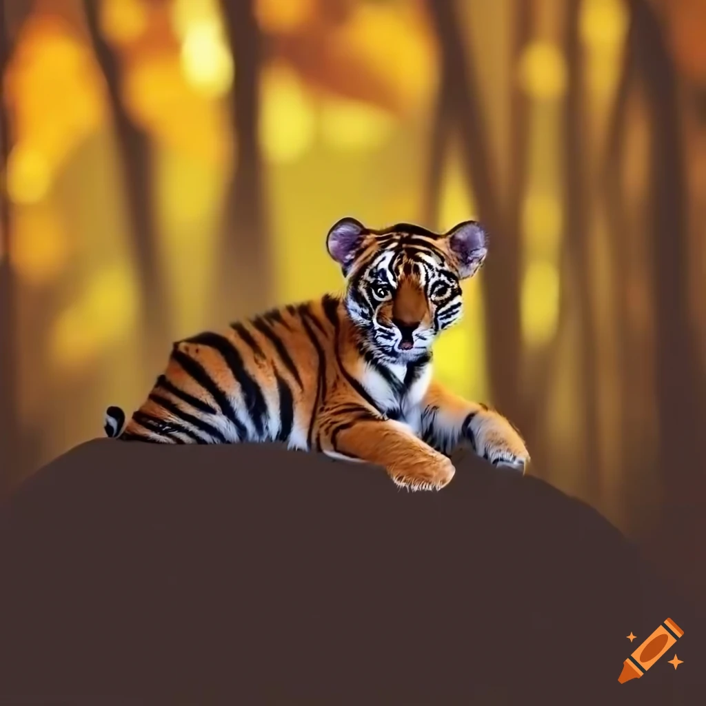 Sleeping tiger cub with autumn forest silhouette