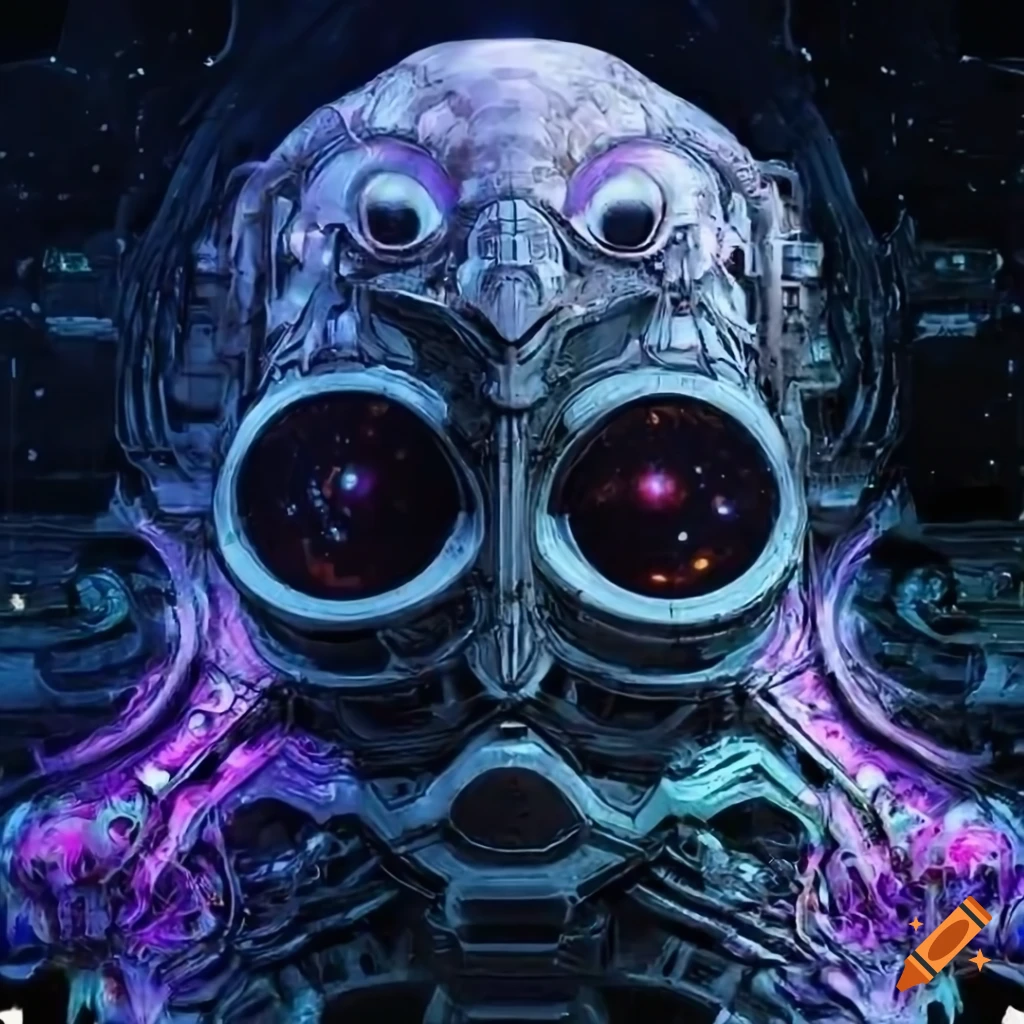 Surrealist aliens exploring an asymmetrical organic spaceship with strange machines and lights