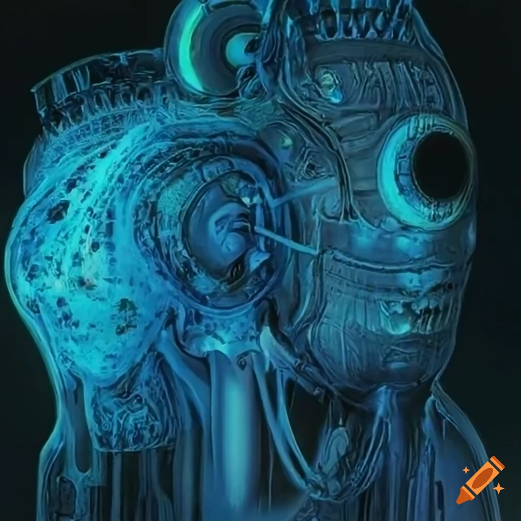 70s sci-fi organic machine art by Akira Toryiama depicting a glowing blue alien x-ray