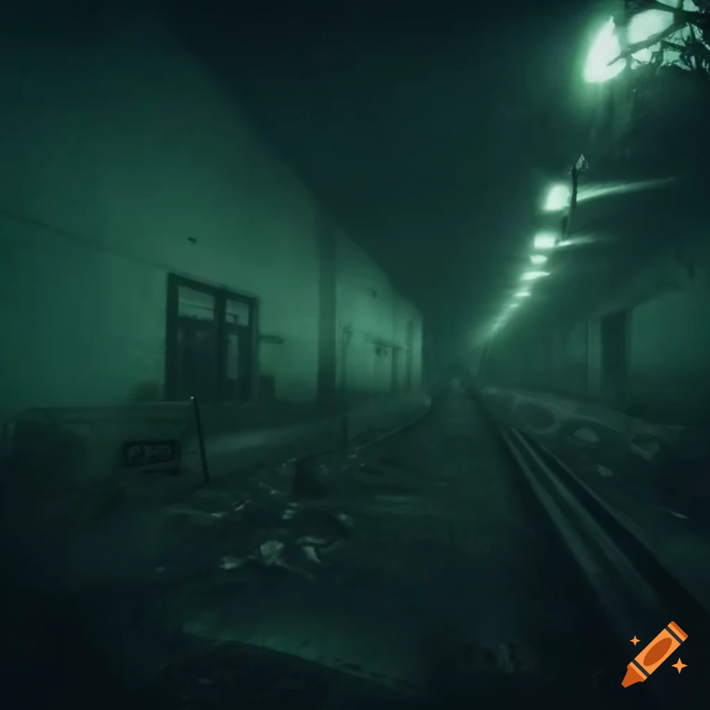 Eerie subway station tunnel with cyan lighting and tiled floor