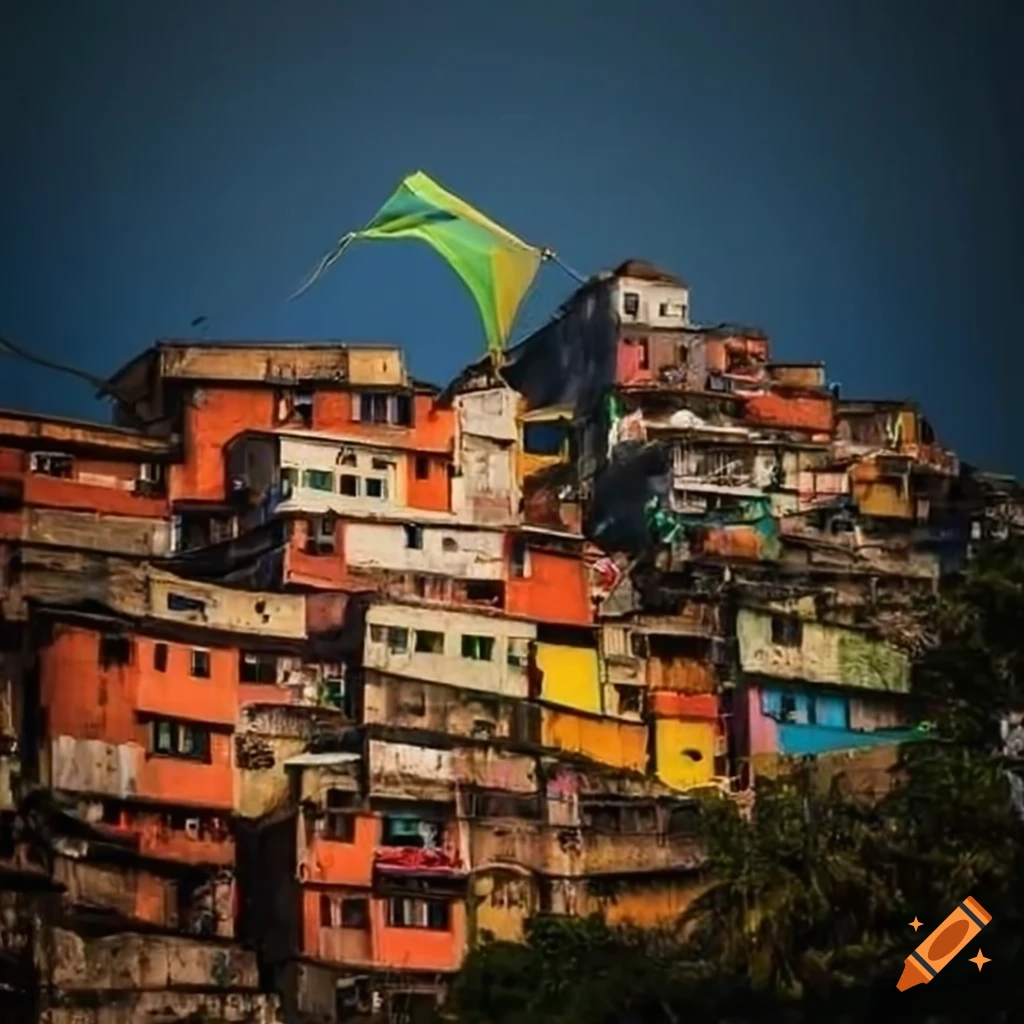 Child flying a colorful kite in a vibrant Brazilian favela setting