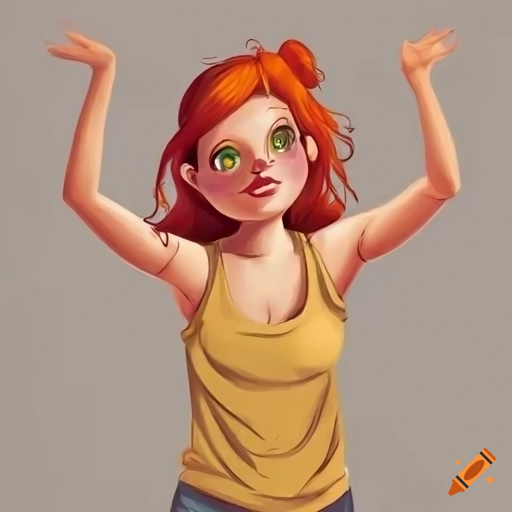 Chubby anthropomorphic duck girl with red hair and green eyes in a tan t-shirt