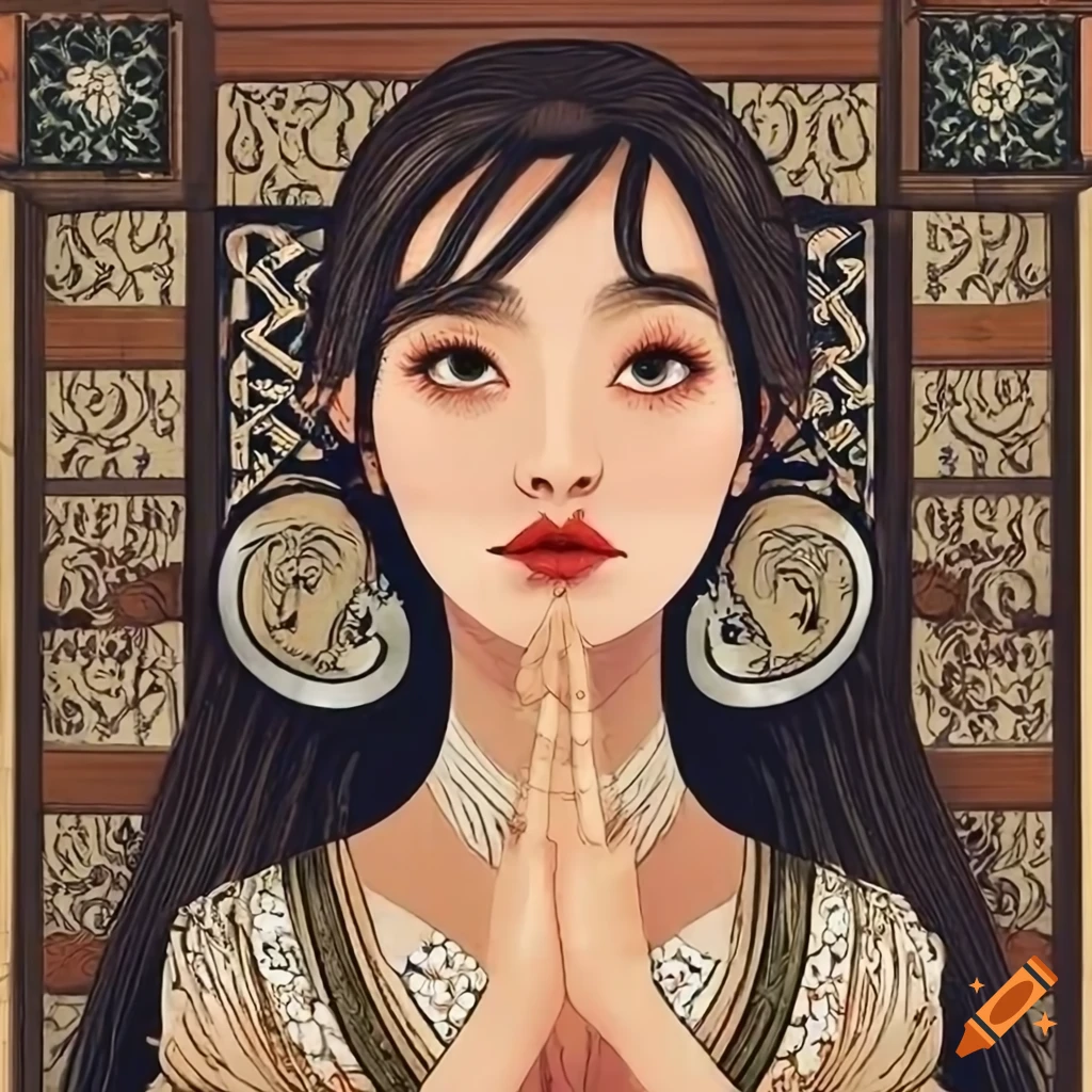 Asian girl in black outfit praying in rustic wooden room in Mucha style