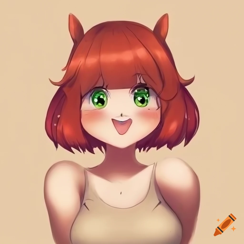 Chubby anthropomorphic duck girl character with red hair and green eyes in tan t-shirt