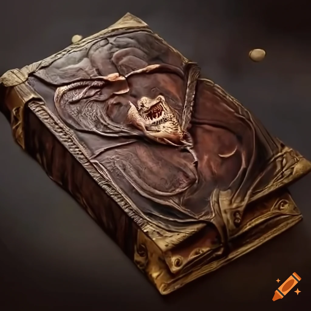 Ancient leather tome with a scary face on the cover