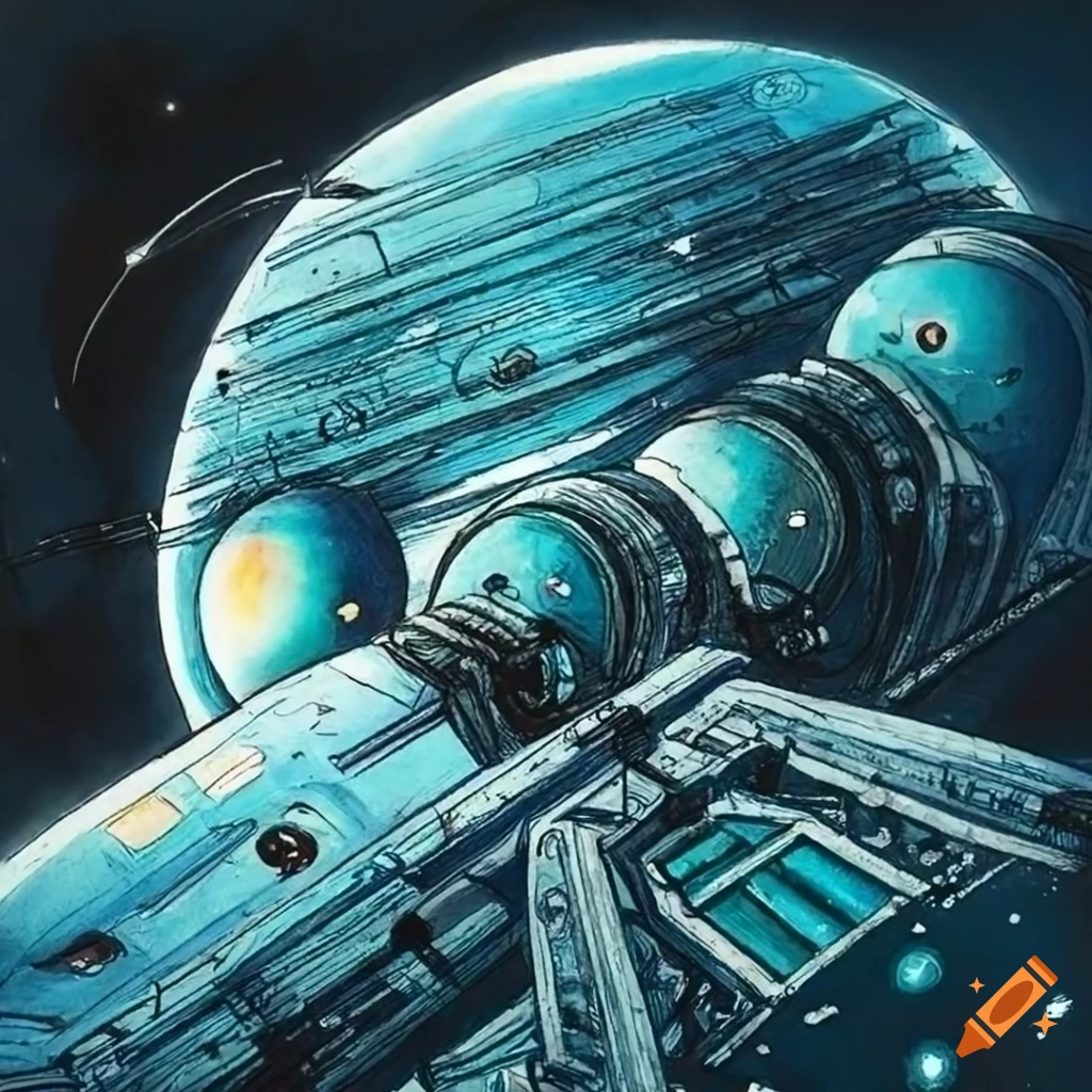 Shimmering high-tech space platform in black ink with white and light cyan colors