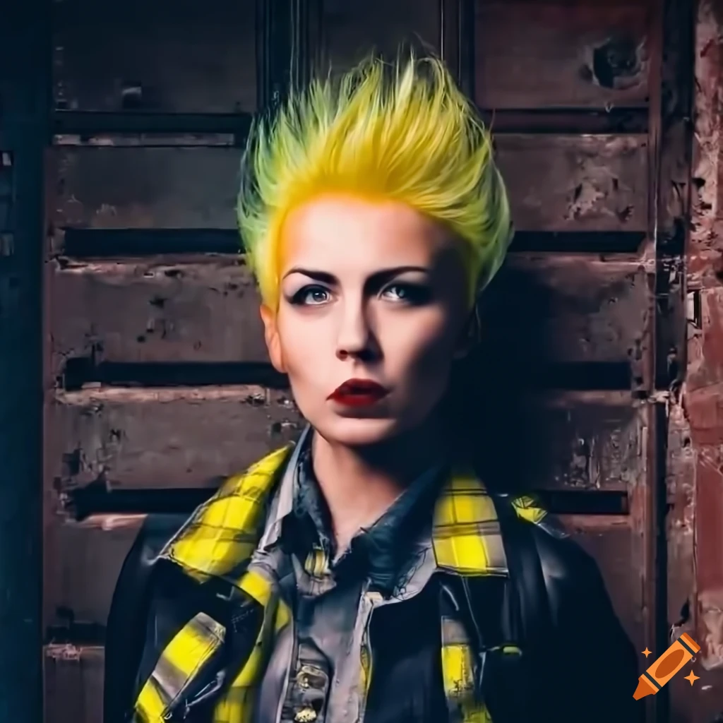 English punk-rocker woman with mohawk hairstyle in yellow plaid shirt and black leather trousers peeking through derelict building door