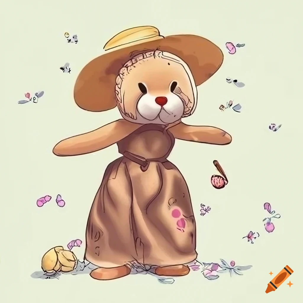 Toy bunny with snail among flowers wearing a wide-brimmed hat and dress with frills