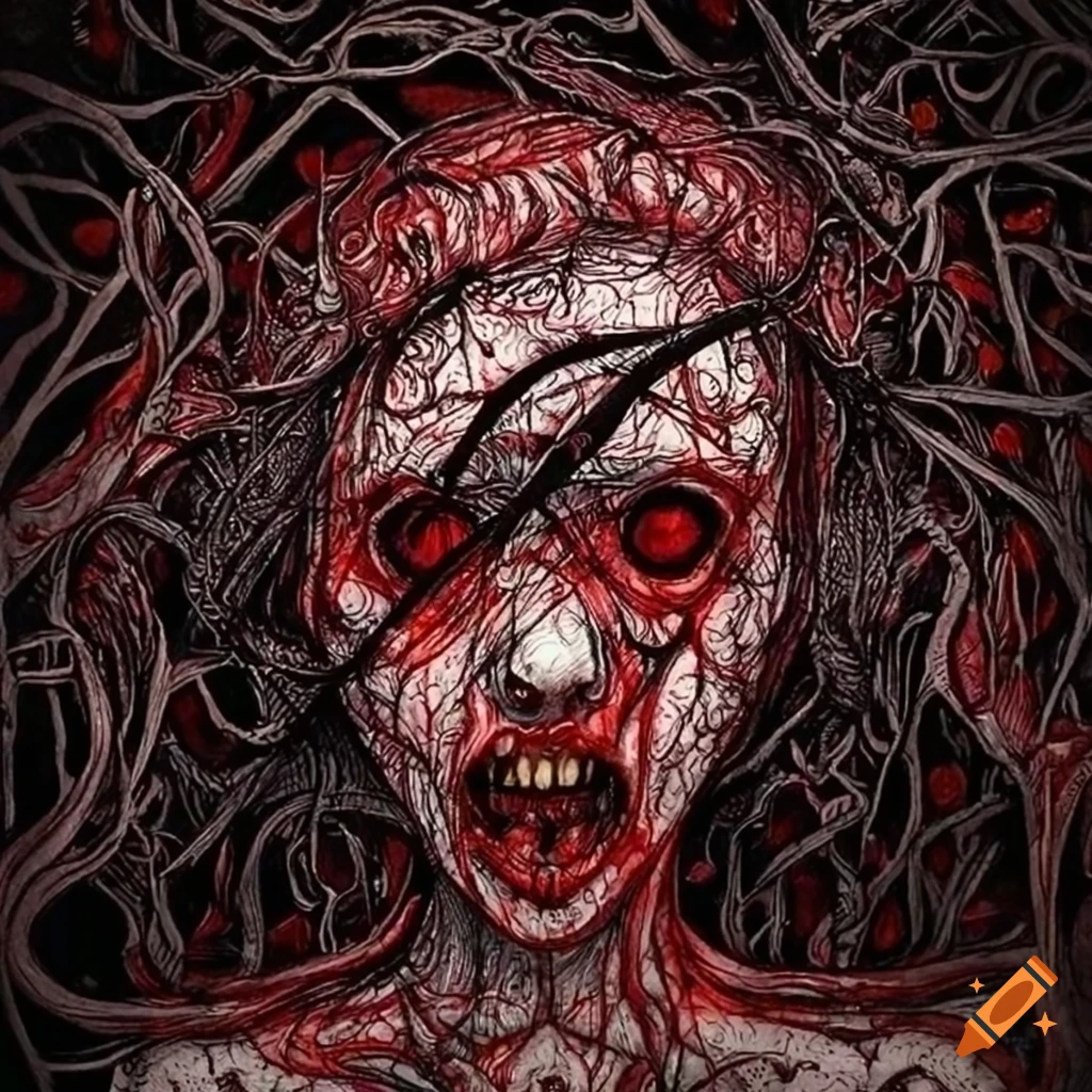 Detailed black, red, and white ink drawing of a tormented ghost overwhelmed by anxiety