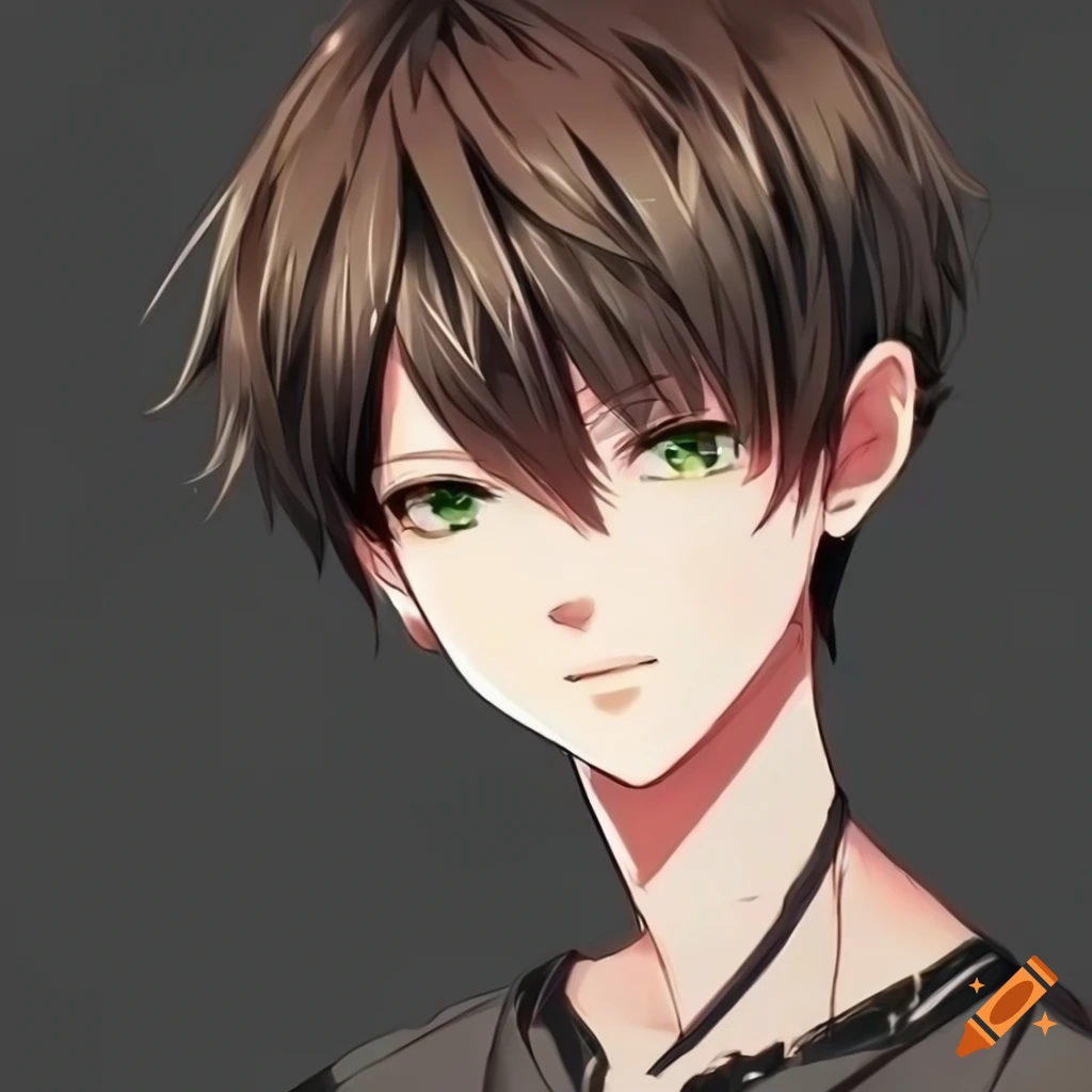 Anime boy with green eyes and brown hair wearing a black t-shirt
