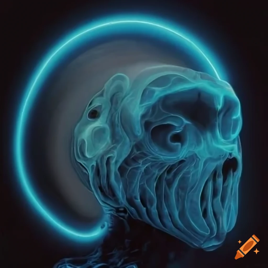 70s sci-fi organic machine art by Akira Toryiama with alien x-ray in glowing blue