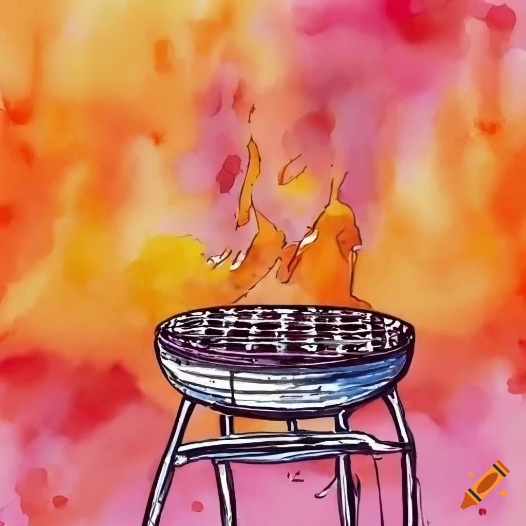 Barbecue grill in a watercolor painting with soft sunset colors