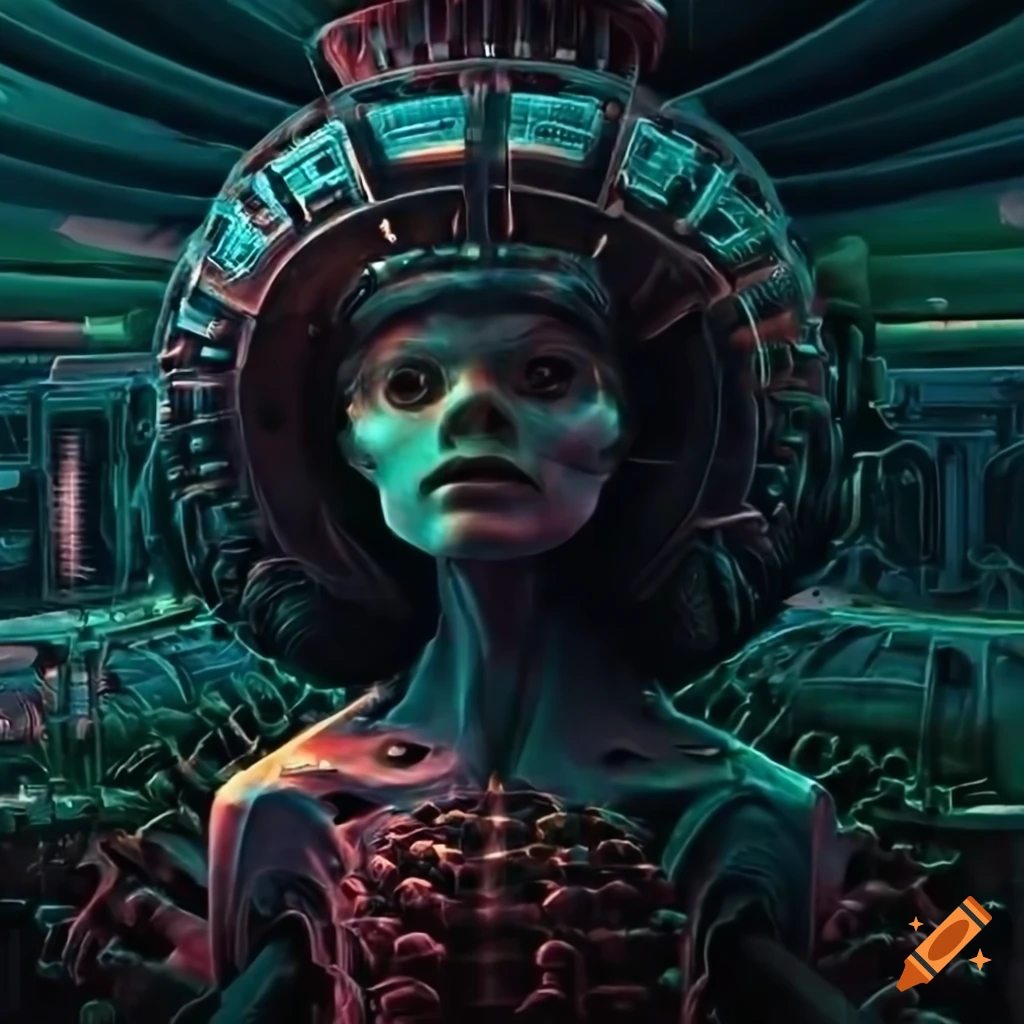 Surrealist aliens inside an asymmetrical organic spaceship with strange machines and light boards