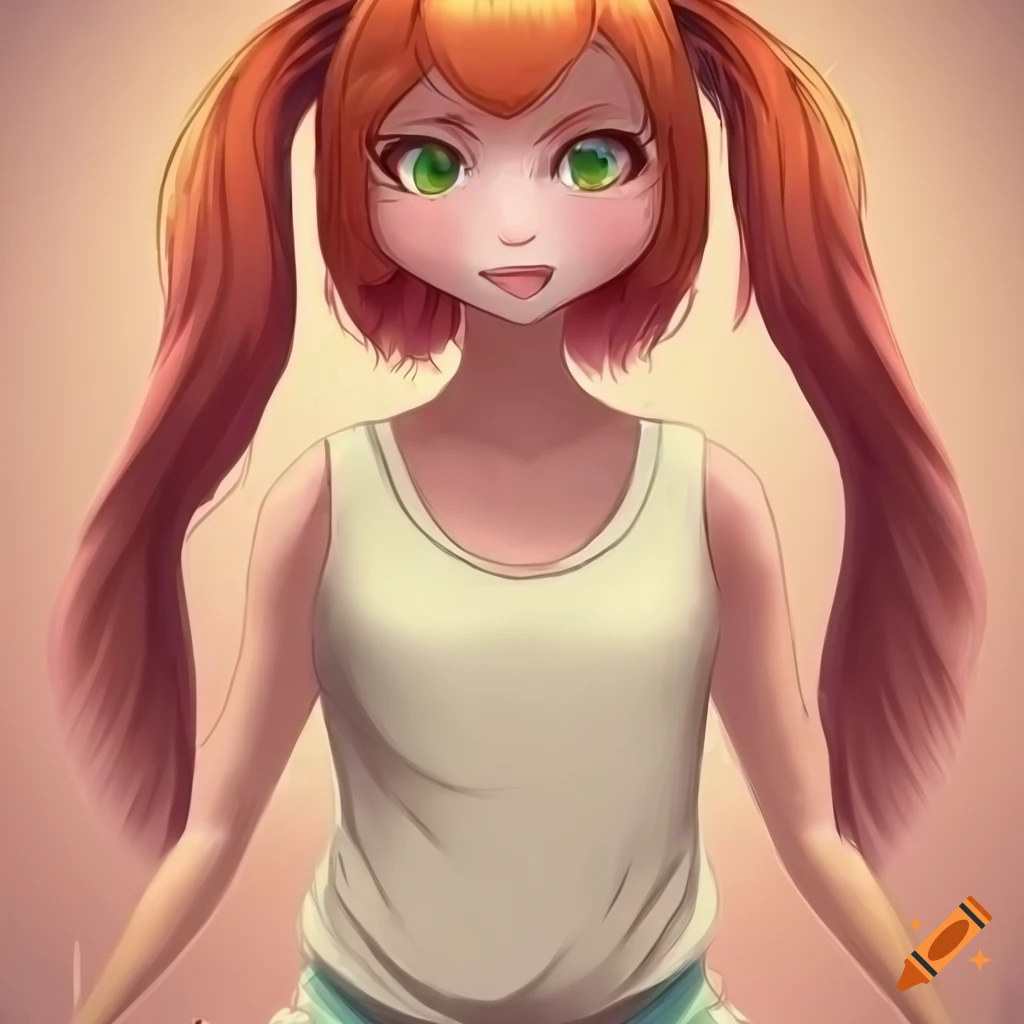 Chubby anthropomorphic duck girl with red hair in a tan t-shirt