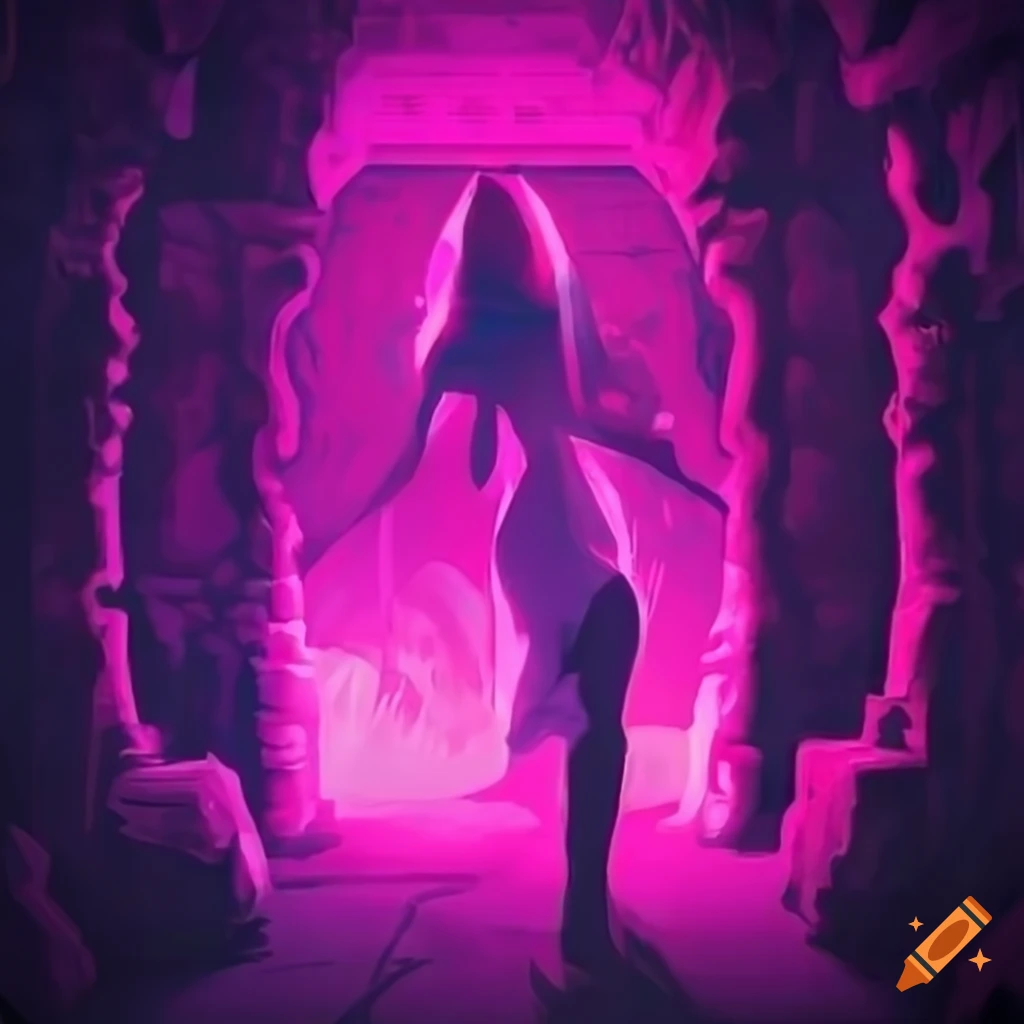 Dark fantasy labyrinth dungeon with bright pink neon elements