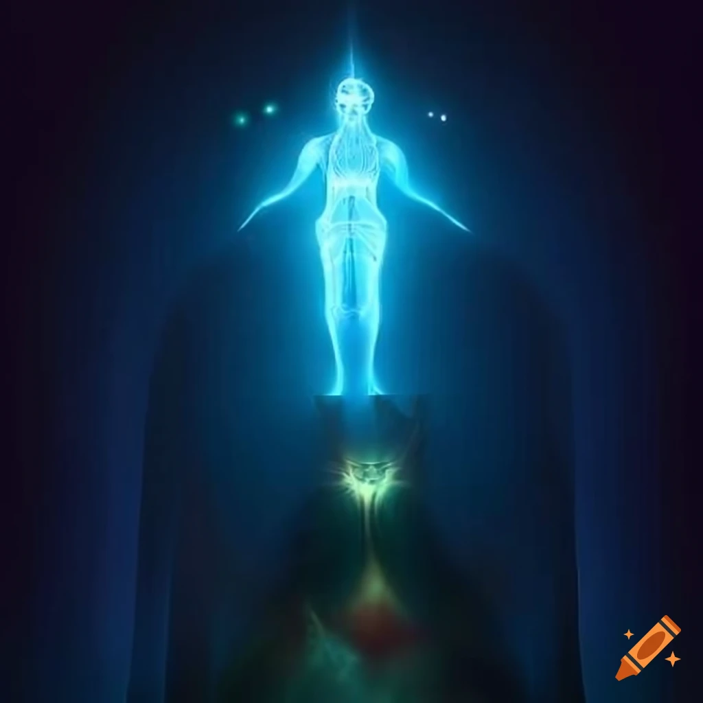 Semi-transparent human figure with glowing trishula representing enlightenment