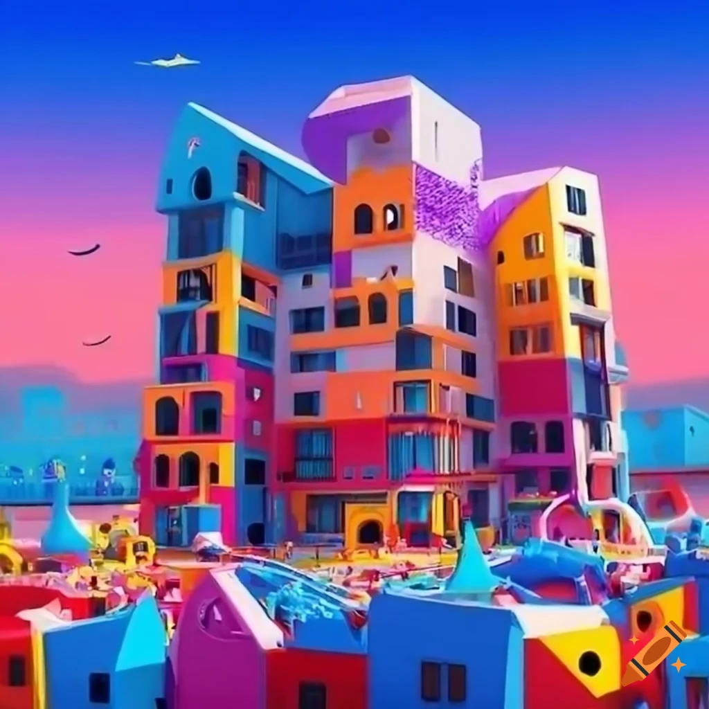 Surreal city with colorful playground structures instead of buildings