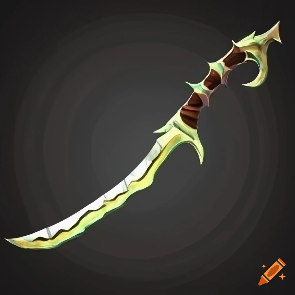 Mythic elite poison scimitar weapon with vertical symmetry on black background