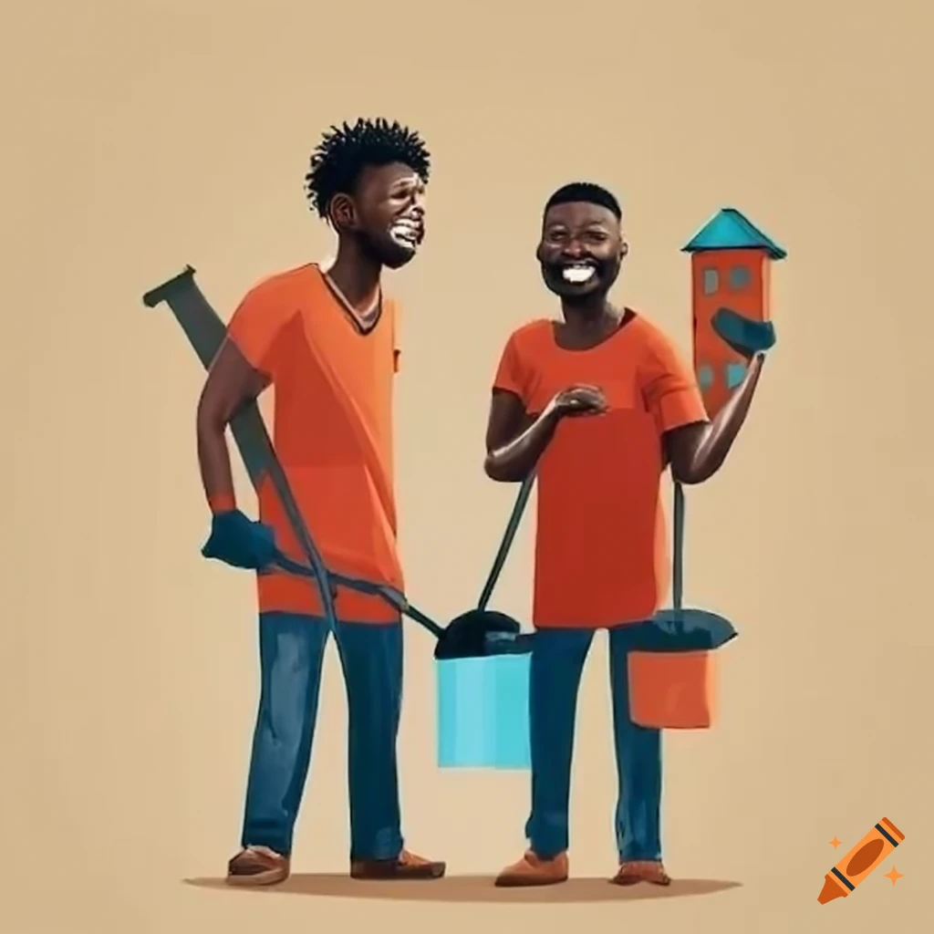 Two men carrying a house