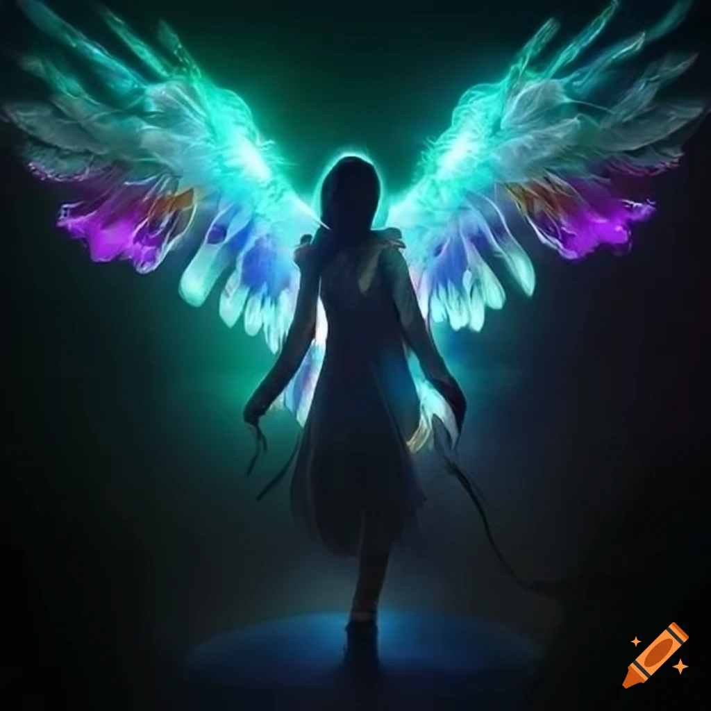 Anime valkyrie with multi-colored glowing wings in a fantasy setting