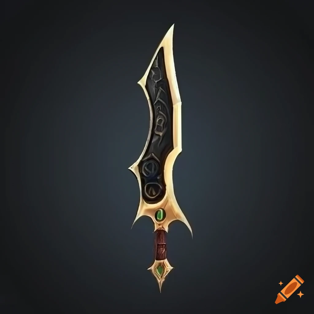 Mythic elite magic scimitar weapon with vertical symmetry on black background